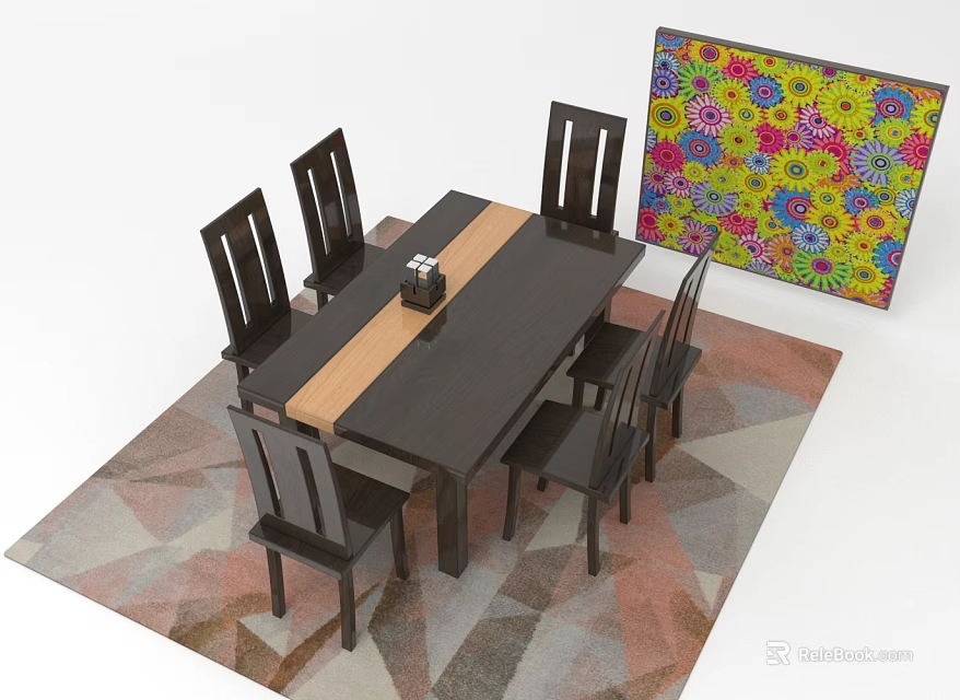 Dark Colored Dining Table Set With Six Chairs Geometric Pattern Rug And Colorful Floral Painting 3d model 