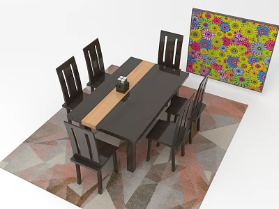Dark Colored Dining Table Set With Six Chairs Geometric Pattern Rug And Colorful Floral Painting 3d model