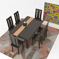 Dark Colored Dining Table Set With Six Chairs Geometric Pattern Rug And Colorful Floral Painting