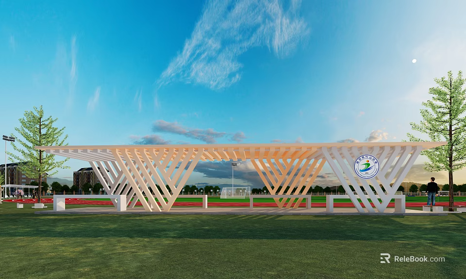 Modern School Building Design With Wooden Triangular Canopy Green Lawn Blue Sky And White Clouds 3d model 