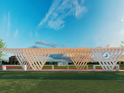 Modern School Building Design With Wooden Triangular Canopy Green Lawn Blue Sky And White Clouds 3d model