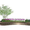 Curved Wooden Slatted Landscape Seating With Green Tree Purple Flowers And Plants