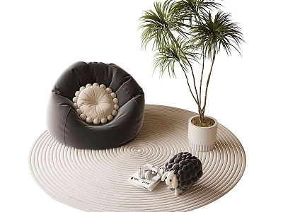 Black Bean Bag Chair on White Round Rug with Plush Toy Book and Green Plant 3d model