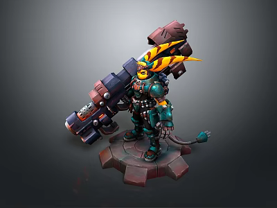 Green Armored Character And Mechanical Creature With Large Cannon Tail On Red Platform 3d model
