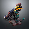Green Armored Character And Mechanical Creature With Large Cannon Tail On Red Platform