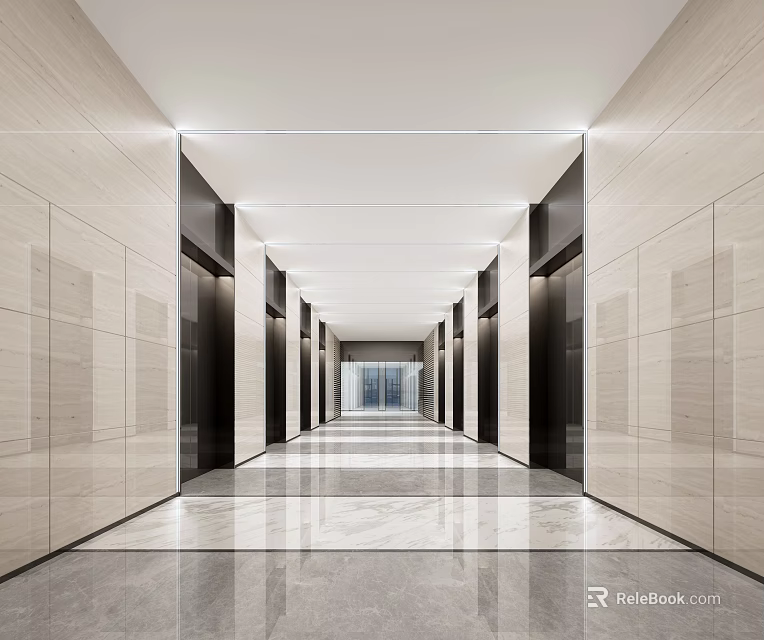 Modern Bright Elevator Lobby Interior With Marble Floor Walls And Elevator Doors 3d model