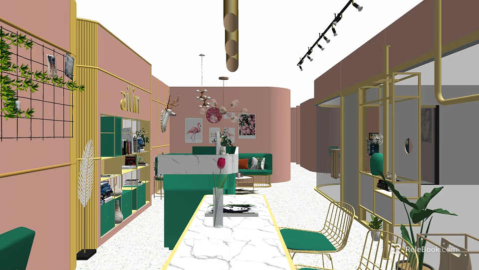 Luxury Modern Beauty Hair Salon Interior With Green Sofa Marble Counter And Gold Decor 3d model 