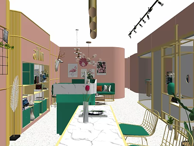 Luxury Modern Beauty Hair Salon Interior With Green Sofa Marble Counter And Gold Decor 3d model