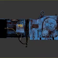 Blue Industrial Gear Motor With Yellow Warning Label And Connected Cable