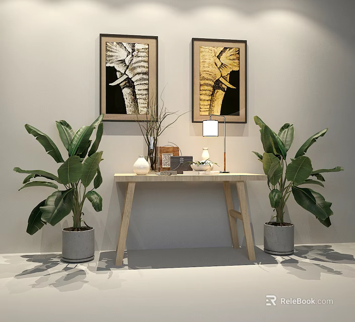 Modern Console Table With Decorative Paintings Green Plants And Table Lamp 3d model 