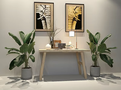 Modern Console Table With Decorative Paintings Green Plants And Table Lamp 3d model