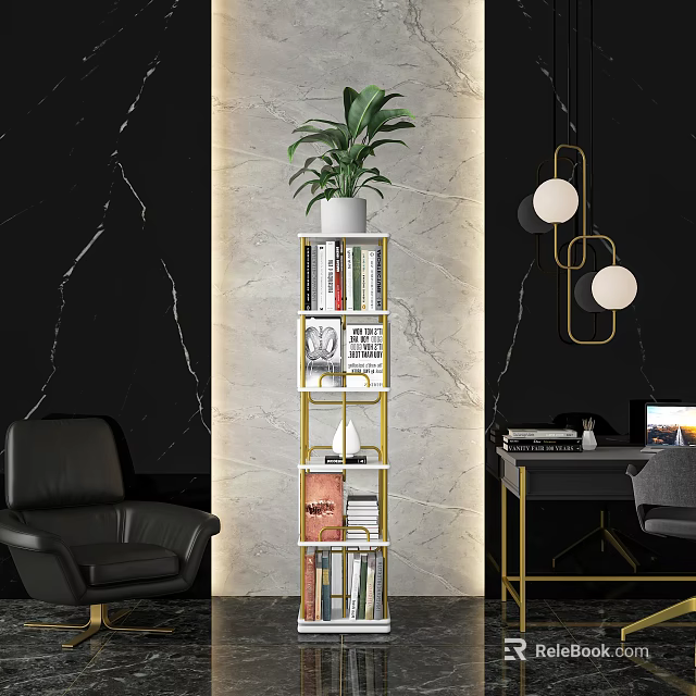 Elegant Modern Bookcase With Gold Frame And Green Plant On Marble Wall Background 3d model 