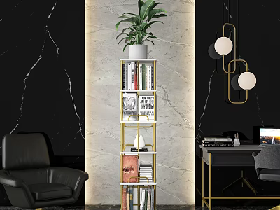 Elegant Modern Bookcase With Gold Frame And Green Plant On Marble Wall Background 3d model