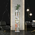 Elegant Modern Bookcase With Gold Frame And Green Plant On Marble Wall Background