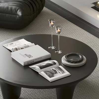 Modern Decorative Ornament Collection With Magazines Candle Holders Candles And Black Ring On Coffee Table 3d model