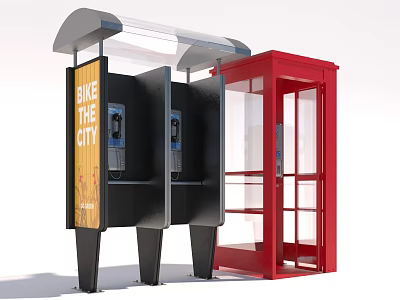 Urban Public Facilities With Bike The City Signage Black Shelters And Red Glass Phone Booth 3d model
