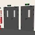 Fire Doors With Exit Signs And Fire Extinguisher In Building Corridor