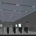 Public Hall Interior With Glass Turnstiles Signage Posters And Ceiling Lighting