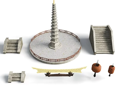 Ancient Pagoda Architectural Design With Circular Platform Stone Stairs And Traditional Lanterns 3d model