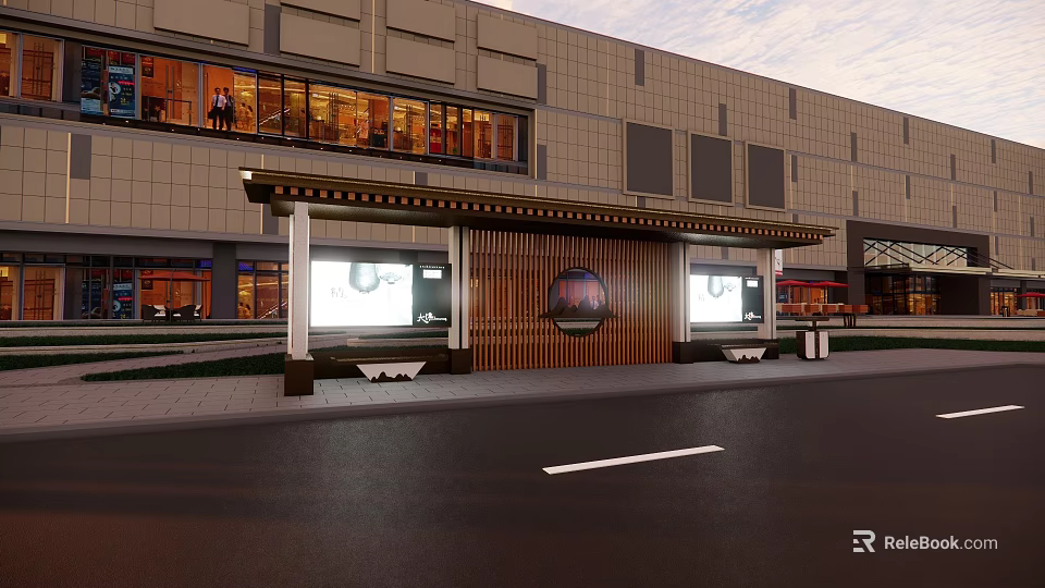 Roadside Facilities Featuring Bus Shelter With Wooden Canopy And Digital Screens Near Commercial Building 3d model 
