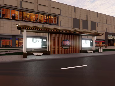 Roadside Facilities Featuring Bus Shelter With Wooden Canopy And Digital Screens Near Commercial Building 3d model