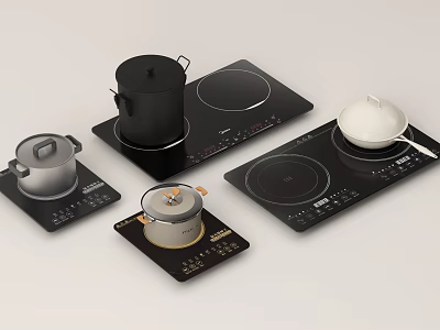 Modern Induction Cooktops With Sleek Black Design And Assorted Cooking Pots 3d model