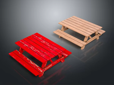 Red And Wooden Picnic Tables With Striped Design For Outdoor Spaces 3d model