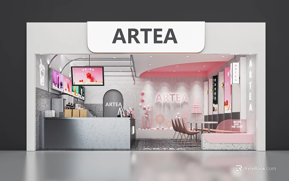 ARTEA Milk Tea Shop Interior With Pink Decor Counter Tables And Chairs 3d model 