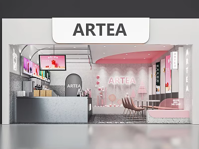 ARTEA Milk Tea Shop Interior With Pink Decor Counter Tables And Chairs 3d model