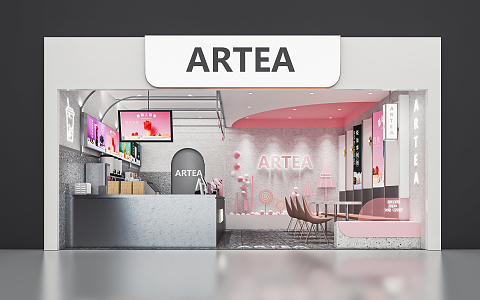 Modern Milk Tea Shop Milk Tea Shop Door Facade Beverage Shop Cashier Console Back Kitchen Equipment Leisure Table and Chair Card Holds 3d model