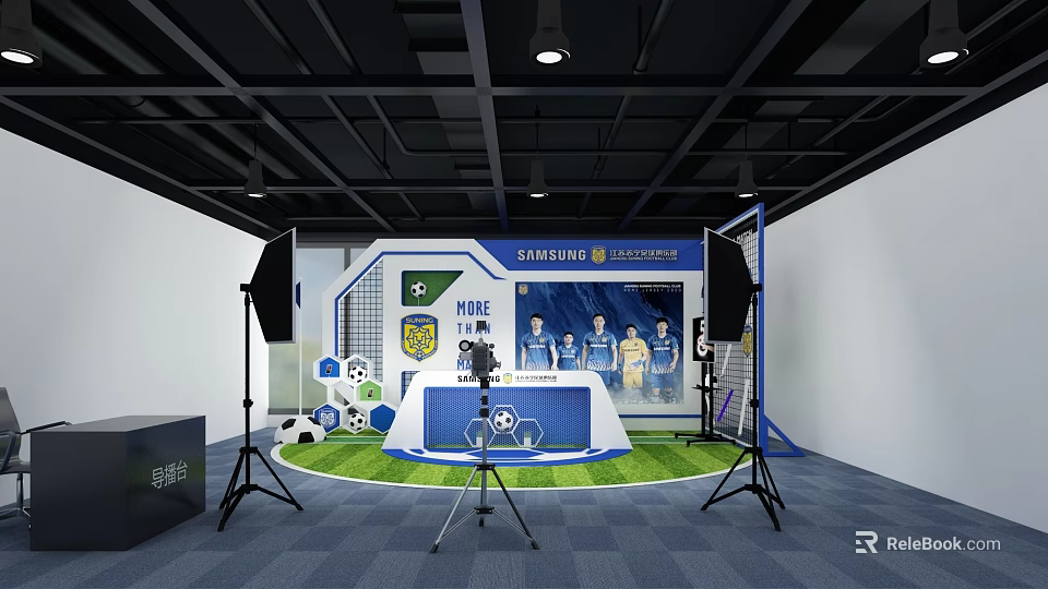 Public Office Space With Football Themed Backdrop Photography Setup Green Grass And Lighting Equipment 3d model 