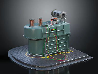 Industrial Electrical Transformer With Green Casing Copper Coils Motor And Control Panel On Platform 3d model