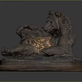 Handcrafted Bronze Bear Sculpture Lying On Wooden Base Decorative Piece