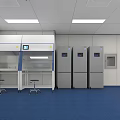 Modern Laboratory Interior With Blue Flooring White Walls Linear Ceiling Lights Lab Benches And Refrigerators
