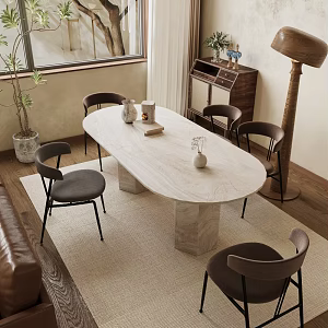 Quiet Style Dining Table and Chair Combination Oval Dining Table for Six 3d model