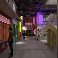 Vintage Commercial Street With Wangping Overpass Statue Neon Signs Staircase And Building Windows