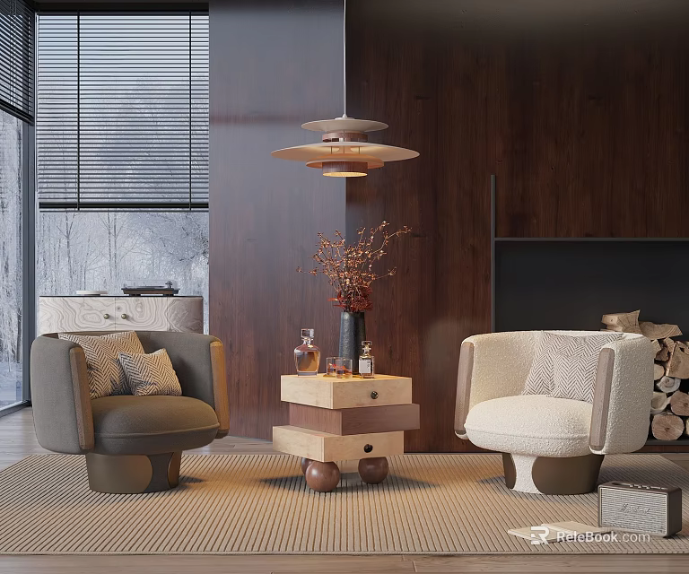 Two Modern Cozy Lounge Chairs With Wooden Side Table Vase Branches Rug And Wooden Wall 3d model 