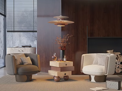 Two Modern Cozy Lounge Chairs With Wooden Side Table Vase Branches Rug And Wooden Wall 3d model