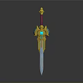 Golden Ornate Sword Featuring Red Hilt Blue Gemstone Shiny Blade And Decorative Design