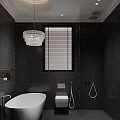 Hotel Bathroom With Dark Walls White Bathtub Crystal Chandelier And Blinds