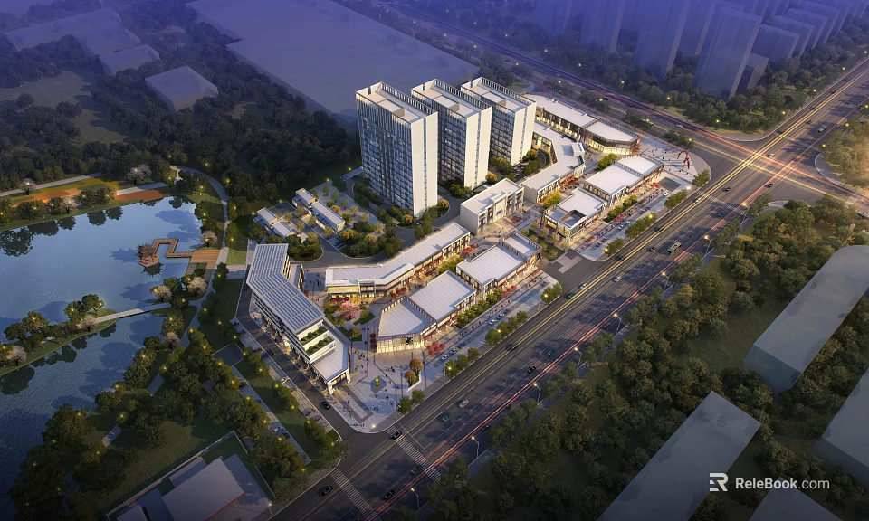Vibrant Modern Commercial Street With Urban Architecture Trees Waterfront And Night Lighting 3d model 