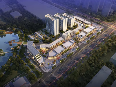 Vibrant Modern Commercial Street With Urban Architecture Trees Waterfront And Night Lighting 3d model
