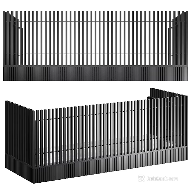 Modern Black Metal Fence With Vertical Slats And Decorative Design Structure 3d model 