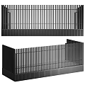 Modern Black Metal Fence With Vertical Slats And Decorative Design Structure