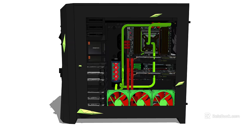 Custom Gaming PC Build With Black Case Liquid Cooling Green Red Tubes And Red Fans 3d model 