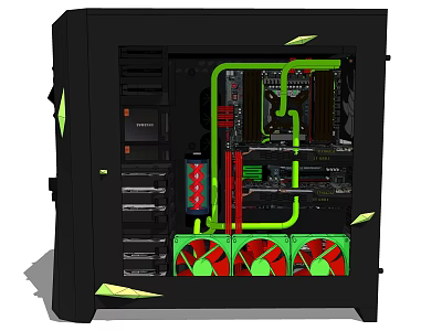 Custom Gaming PC Build With Black Case Liquid Cooling Green Red Tubes And Red Fans 3d model