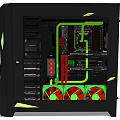 Custom Gaming PC Build With Black Case Liquid Cooling Green Red Tubes And Red Fans