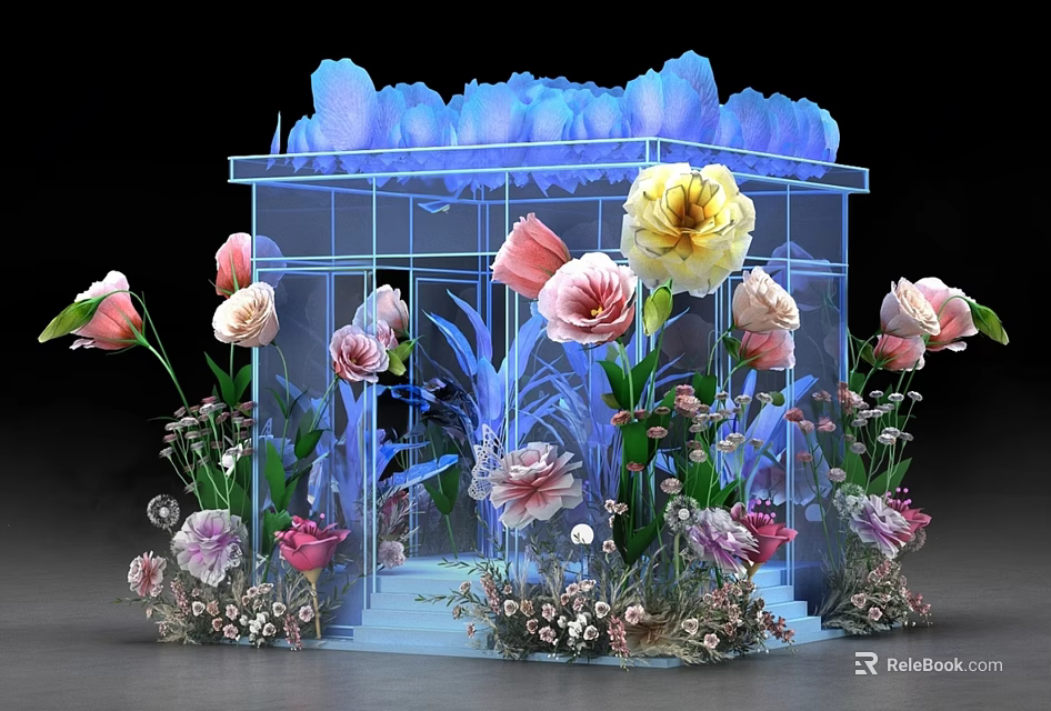 Floral Installation Featuring Transparent Cube Structure With Colorful Flowers And Decorative Leaves 3d model 