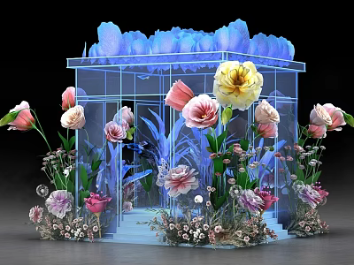 Floral Installation Featuring Transparent Cube Structure With Colorful Flowers And Decorative Leaves 3d model