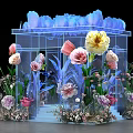 Floral Installation Featuring Transparent Cube Structure With Colorful Flowers And Decorative Leaves